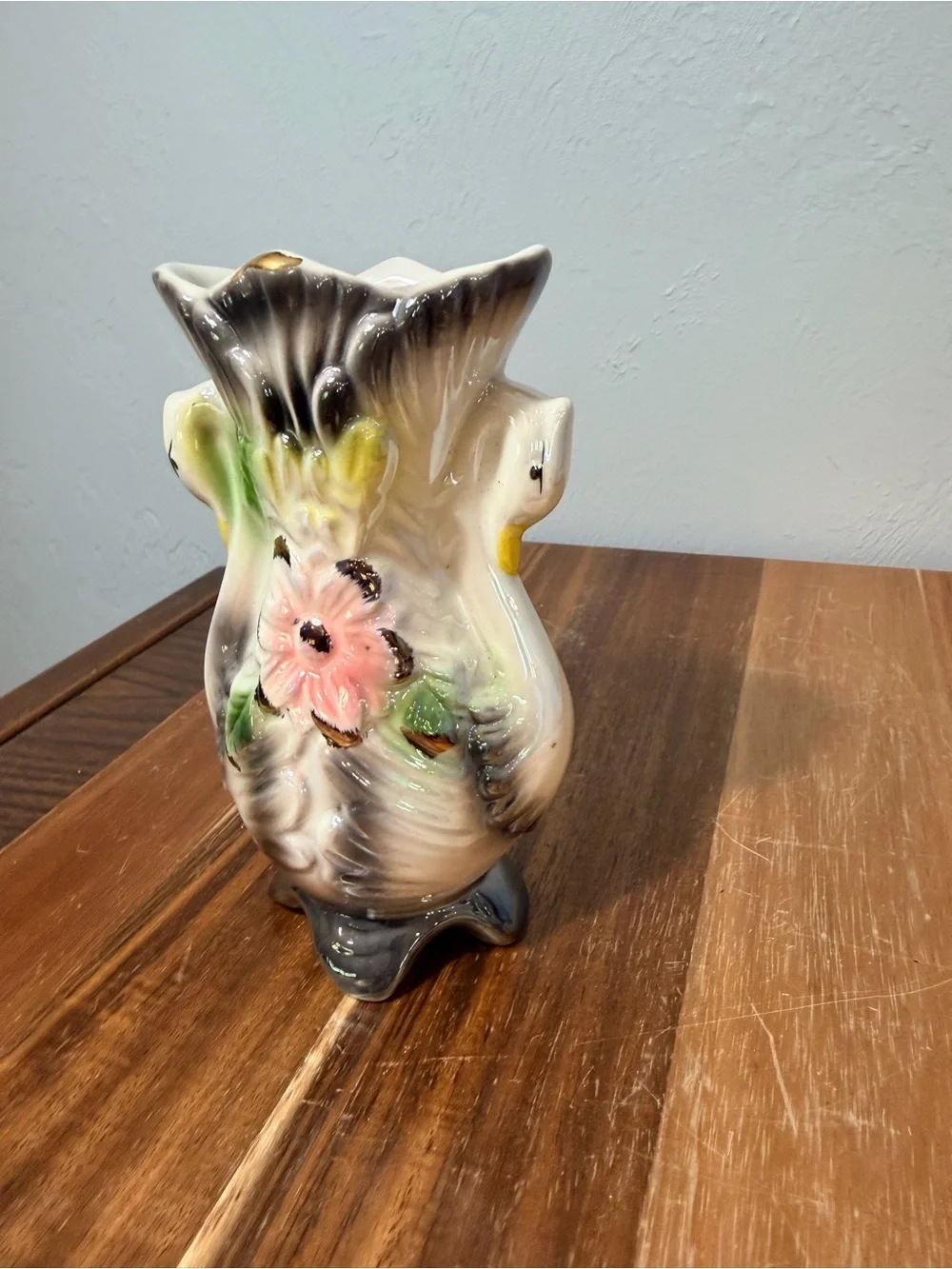 1960s Vintage Floral Ceramic Vase in Cream, Pink, Green, Black